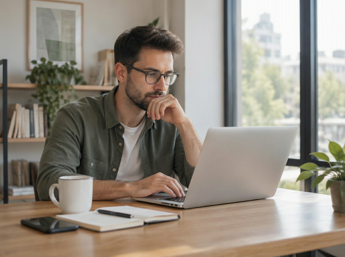 A professional reviewing information on a laptop by a window