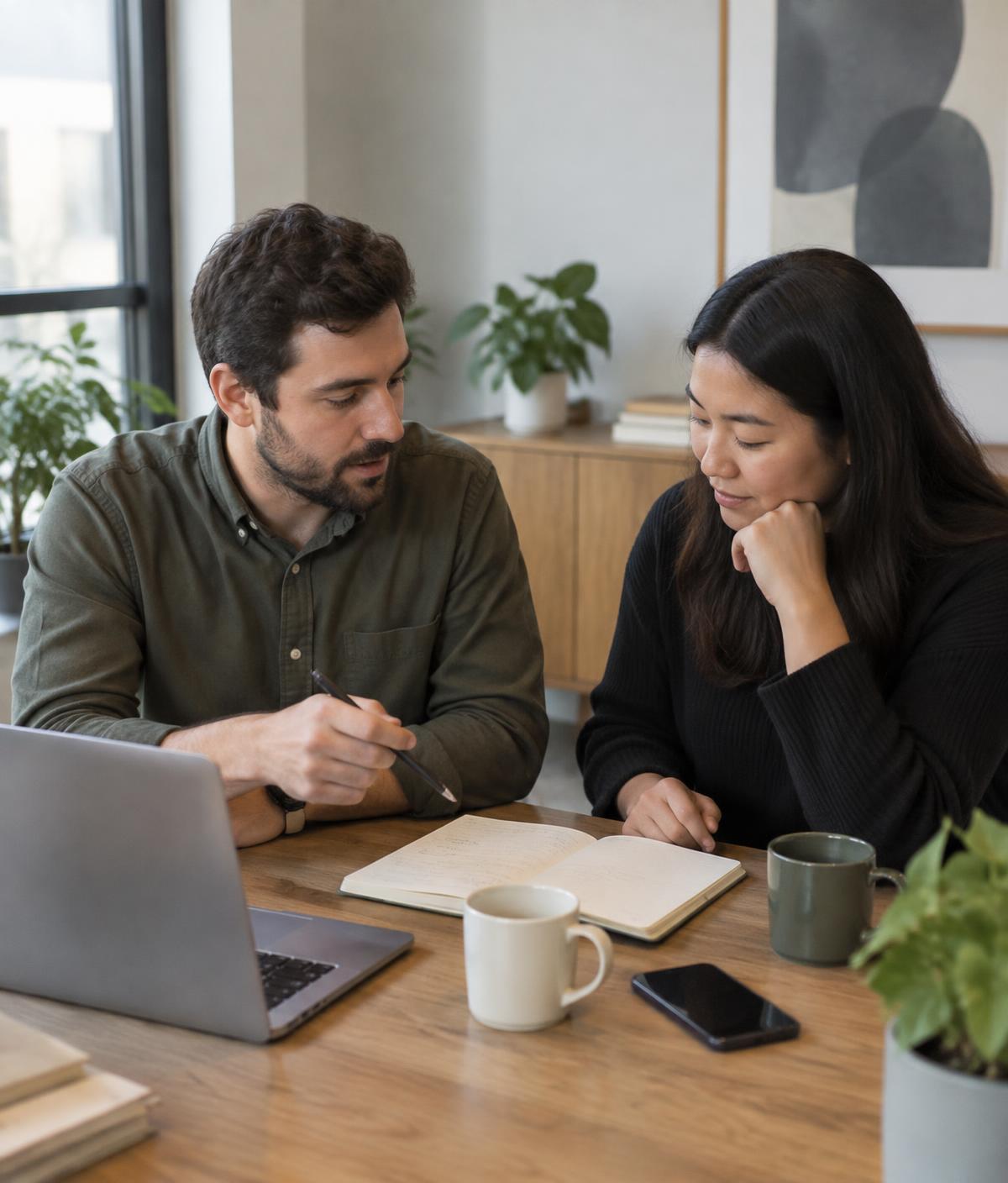 Two colleagues discussing notes in a meeting